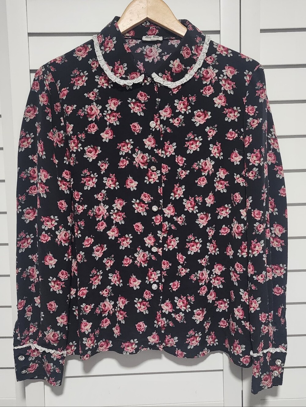 Miu Miu Black Blouse with Pink Rose Floral Print and Lace Trim